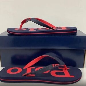 | Polo Ralph Lauren Red Blue Sandals Flip Flop Slide Logo Spell-Out Men Size